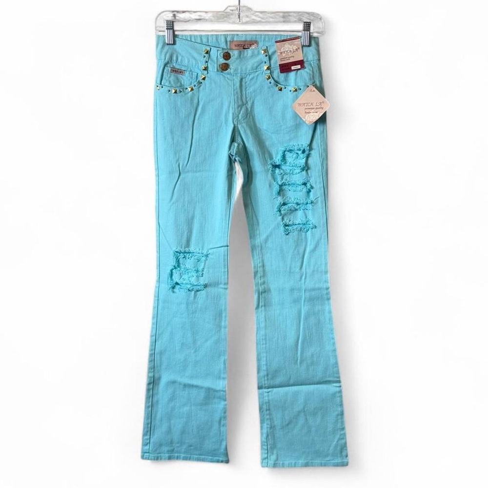 Y2K Aqua Blue Low Rise Studded Ripped Flare Jeans, Women's Size 3/4